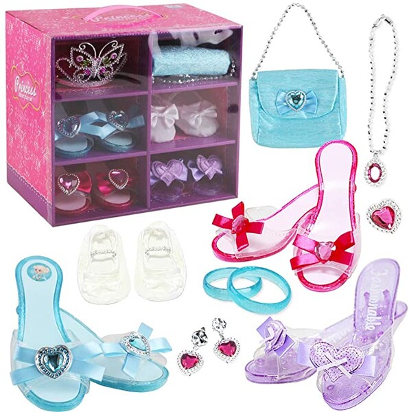 deAO Boutique De Princesse avec 4 Paires De Chaussures Et des Bijoux des Bracelets, Boucles D’Oreilles Et Une Couronne avec Un Diadème Intégré : Amazon.fr: Jeux et Jouets