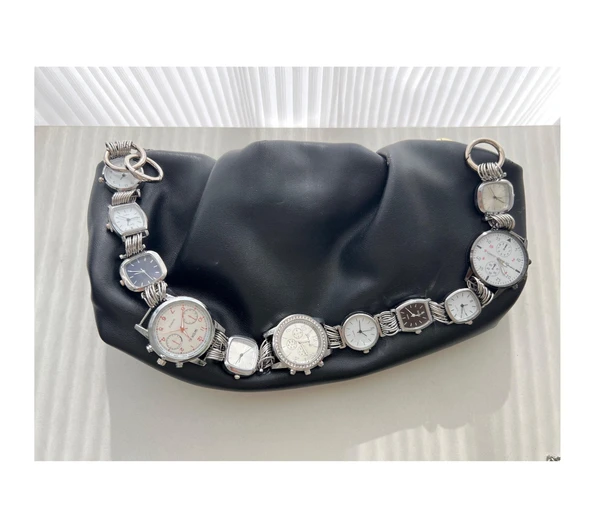Cyberpunk silver watch bag strap, niche 11 clocks metal bag chain, Y2K black and white watch strap, grunge watch bag accessory, watch gift