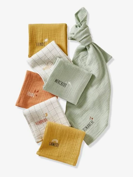 Coffret semainier de 7 langes en gaze de coton bio* blanc / multicolore - Vertbaudet