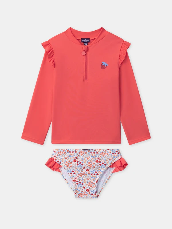 Maillot de bain deux pièces UPF 50+ corail et imprimé fleuri Fille