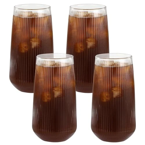 Auauraintt Tasse de Latte Macchiato Verre Tasse Ensemble,Lot de 4, 500ML,côtelé Tasse en verre,Transparent,résistant à la chaleur,Anwendbar auf latte, macchiato, cappuccino, bière, lait, thé