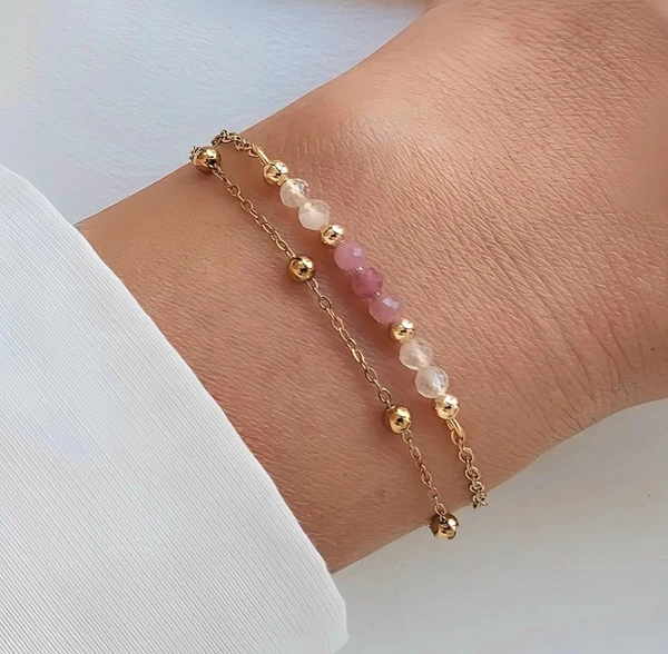 Pink and white pearl bracelet, two-chain bracelet, tourmaline bracelet, moonstone bracelet, minimalist gold jewelry, friendship gift.