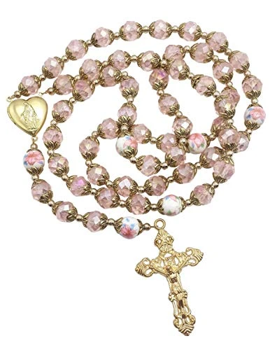 Nazareth Store perles de cristal rose catholique chapelet d'or fleurs collier de perles sainte Marie coeur médaillon médaille et croix amulette religieuse pour les femmes