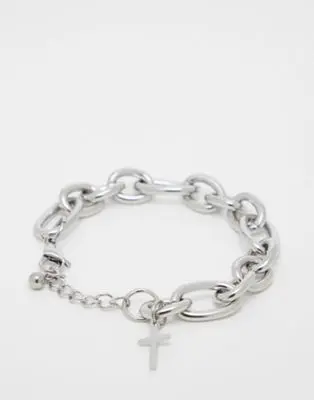 Reclaimed Vintage - Bracelet unisexe en maille chunky avec breloque croix en acier inoxydable