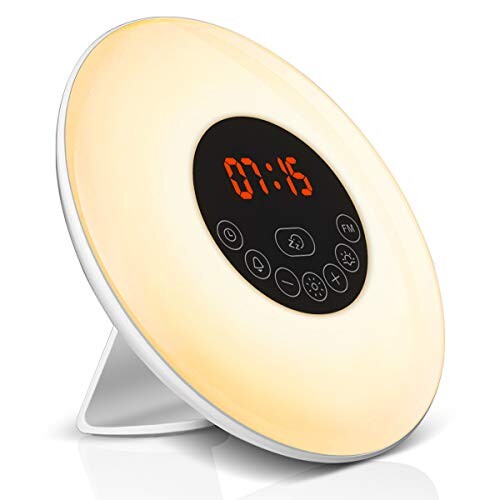 Réveil Lumière, Elfeland Lampe Réveil 7 Couleurs Multifonctionnel Eveil Lumière Veilleuse LED RGB Tactile Contrôle Sunrise/Sunset/Snooze/Radio FM/6 Sons Naturels/10 Niveaux de Luminosité