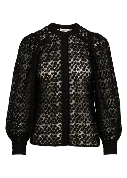 Chemisier col rond broderie florale | Noir