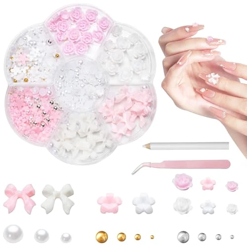 Annickee Breloques 3D pour ongles - Nœuds en forme de nœuds - Fleurs et perles - Breloques pour ongles en résine - Sets de décoration pour ongles DIY - Breloques pour ongles