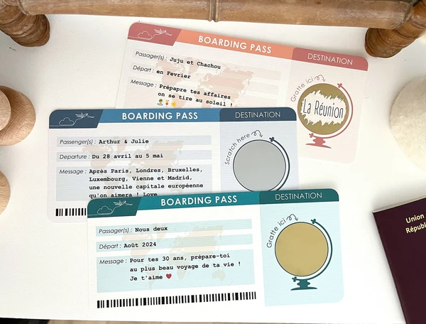 Carte à gratter billet d'avion personnalisable / Carte d'embarquement / Boarding pass