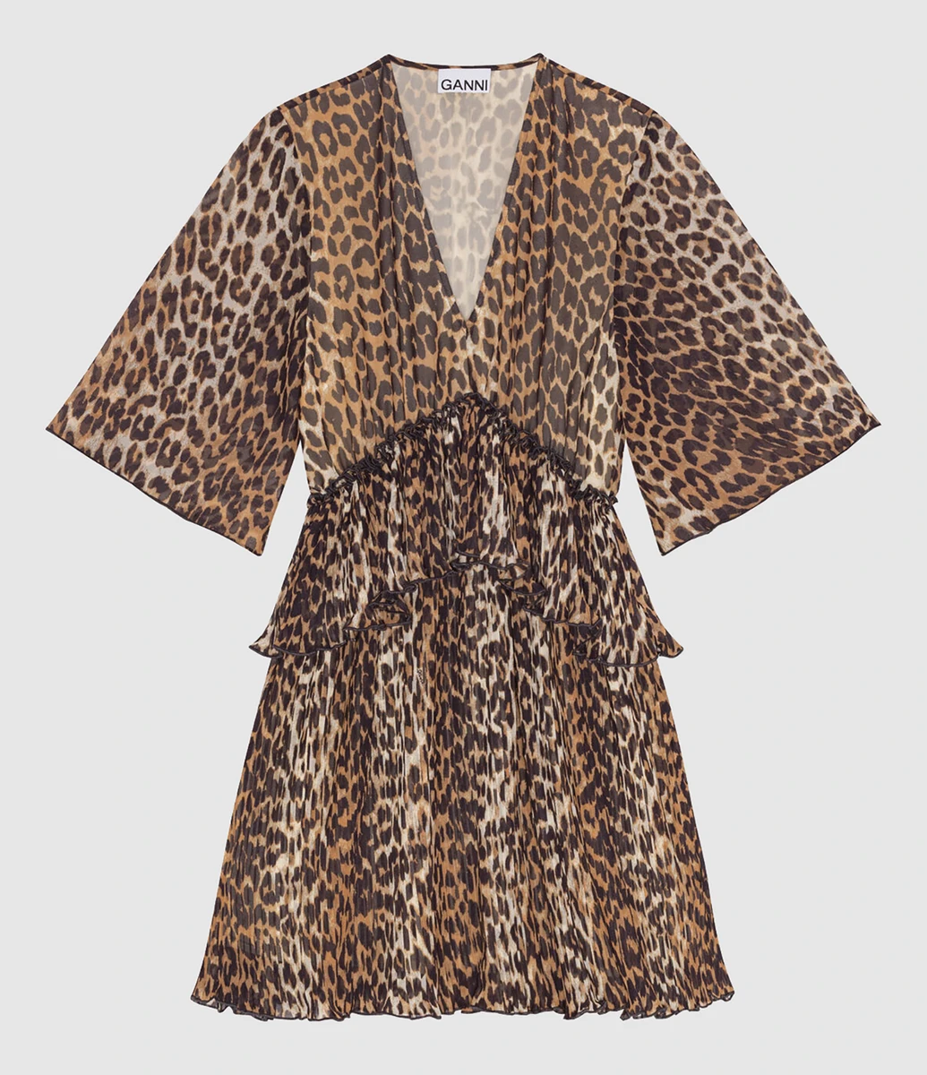 GANNI - Robe Courte Georgette Leopard