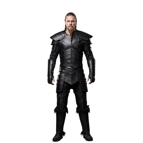 Nomad King-Handmade Black Leather Viking Armor With Fur - Genuine Leather Knight Armor Costume - Pure Black Leather Medieval Armor