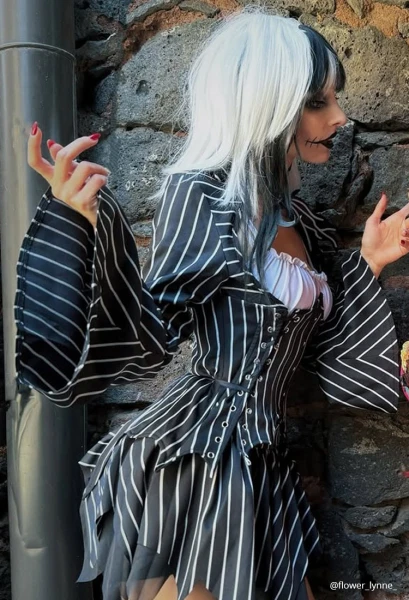 Jack Derivative Gothic Black White Stripe Costume Long SLeeve Top and Tube Top with Skirt and Gloves
