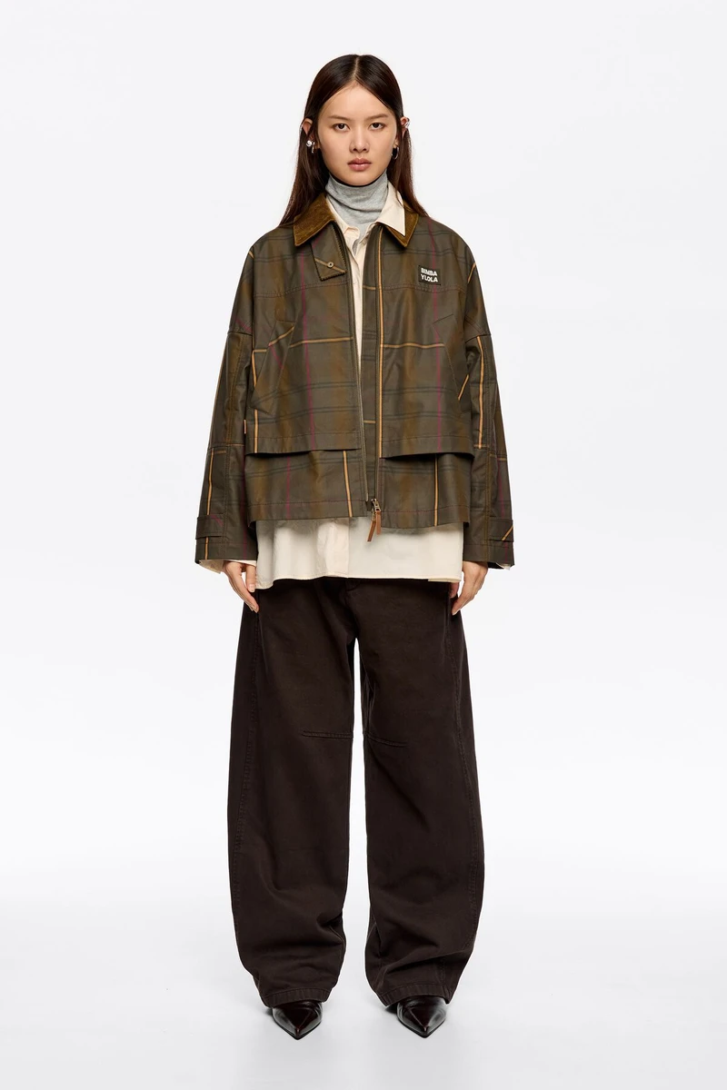 Trench trapèze court carreaux kaki