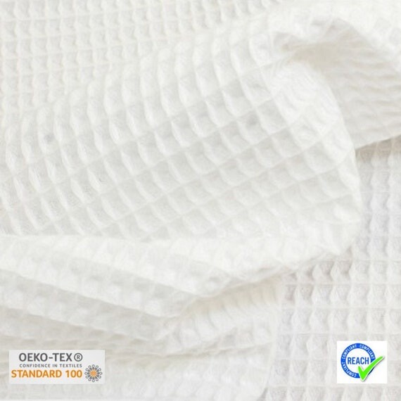 Tissu nid d&#39;abeille blanc- coton piqué - coton gaufré - Oekotex - Reach
