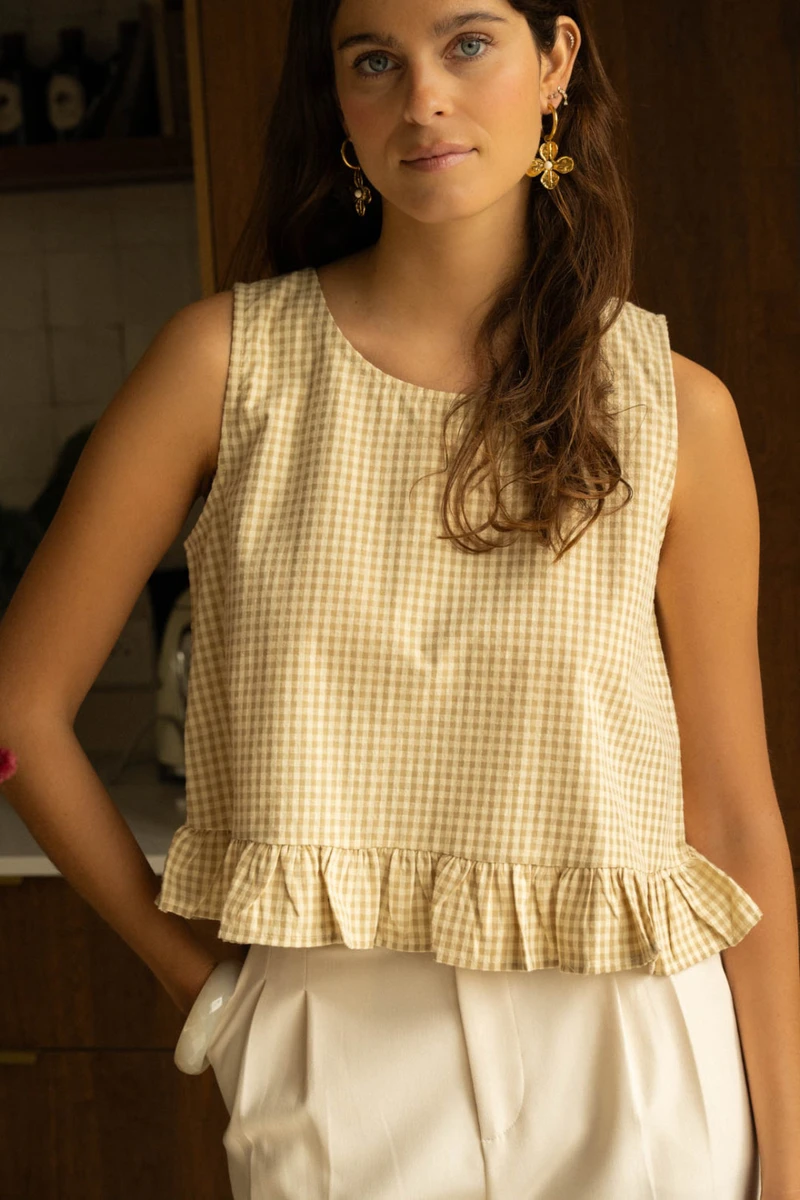 Top Vichy Sans Manches Été Femme - Beige - Boutique Libertie
