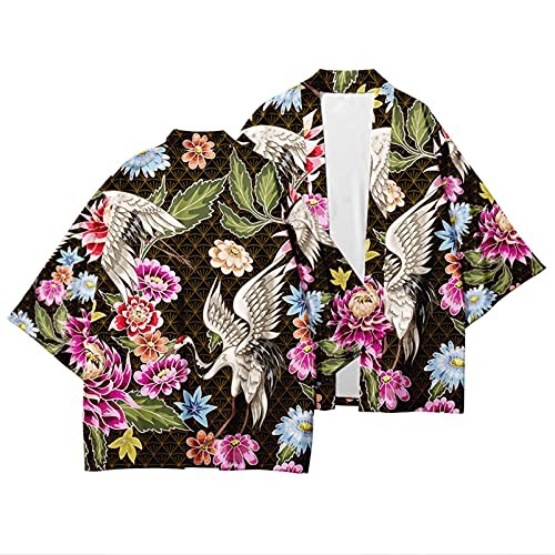 Veste Kimono Homme Manches 3/4 Japonais Style Ouvert Cardigan Impression de Motifs de Grue, 6XL Fleur épanouie