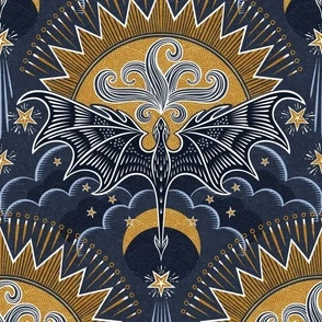Dragon in the Sky- Blockprint Magical Fabric | Spoonflower