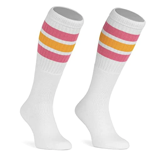 skatersocks Chaussettes rayées pour femme - 22 pouces - Chaussettes montantes jusqu'aux genoux - Style rétro - Blanc - Rayures roses et jaunes