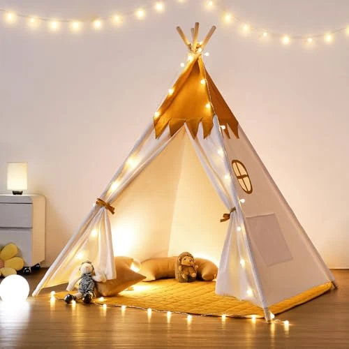 besrey Tipi Enfant avec lumière Tapis Jaune &amp; fixateur, Cabane Tente tipi Enfant, Grande Tente Pliante pour Bebe, Maison Petit garçon Fille Jouets Cadeau