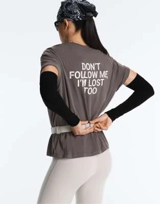 OYSHO - T-shirt coupe carrée en coton mélangé avec inscription - Gris