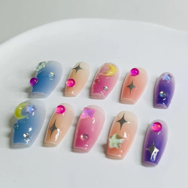 Cosmic Dream Dégradé Galaxy Design Moon Star Gel Nails | Appuyez sur Nail | Ongles 100% faits à la main | Art des ongles | Faux ongles | Ongles