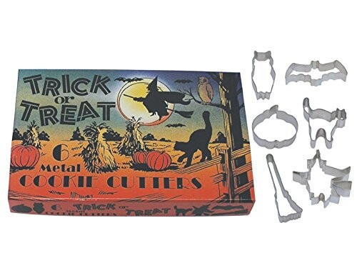 R &amp; M International Gift Boxed Set of Halloween Cookie Cutters with Vintage Graphics and Shapes - Set includes Six Cookie Cutters: Flying Witch, Pumpkin, Cat, Bat, Broom, and Owl Approximately 3 by R&amp;M