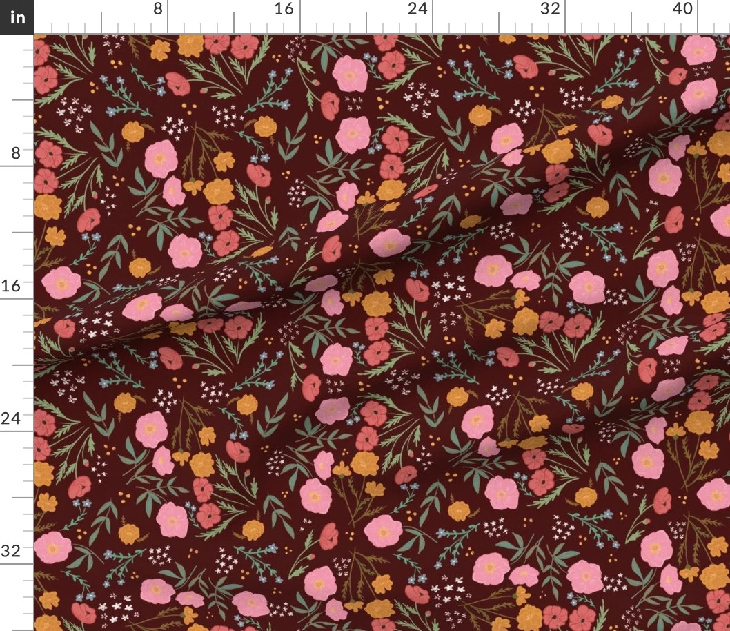 Fabric in Handdrawn Cottage Flowers Embroidery Dark Victorian Vintage Moody Florals