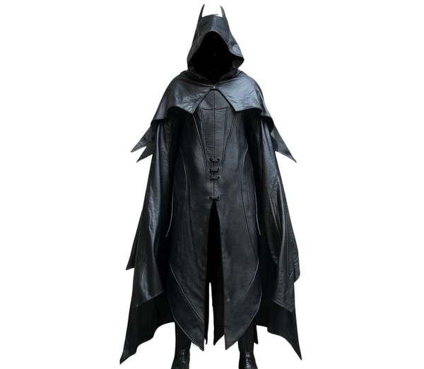 The Midnight Protector - Superhero Hooded Cloak in Black Leather - Superhero Cosplay Costume