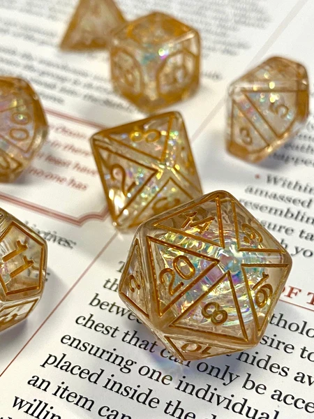 Arcane Gate- Sparkling Prismatic Foil Effect Dice Set- Golden Translucent- Arcane Pattern- Gold Ink- Dungeons and Dragons, Pathfinder, TTRPG