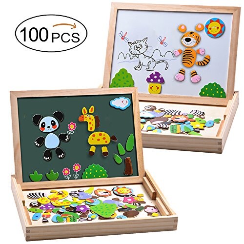 MOVEONSTEP Magnétique Puzzles Éducatifs en Bois Jouet 100 PCS Double Face Magnétique Planche à Dessin avec 3 Couleur Marque Stylos pour Enfants Âge 3+ (Panda)