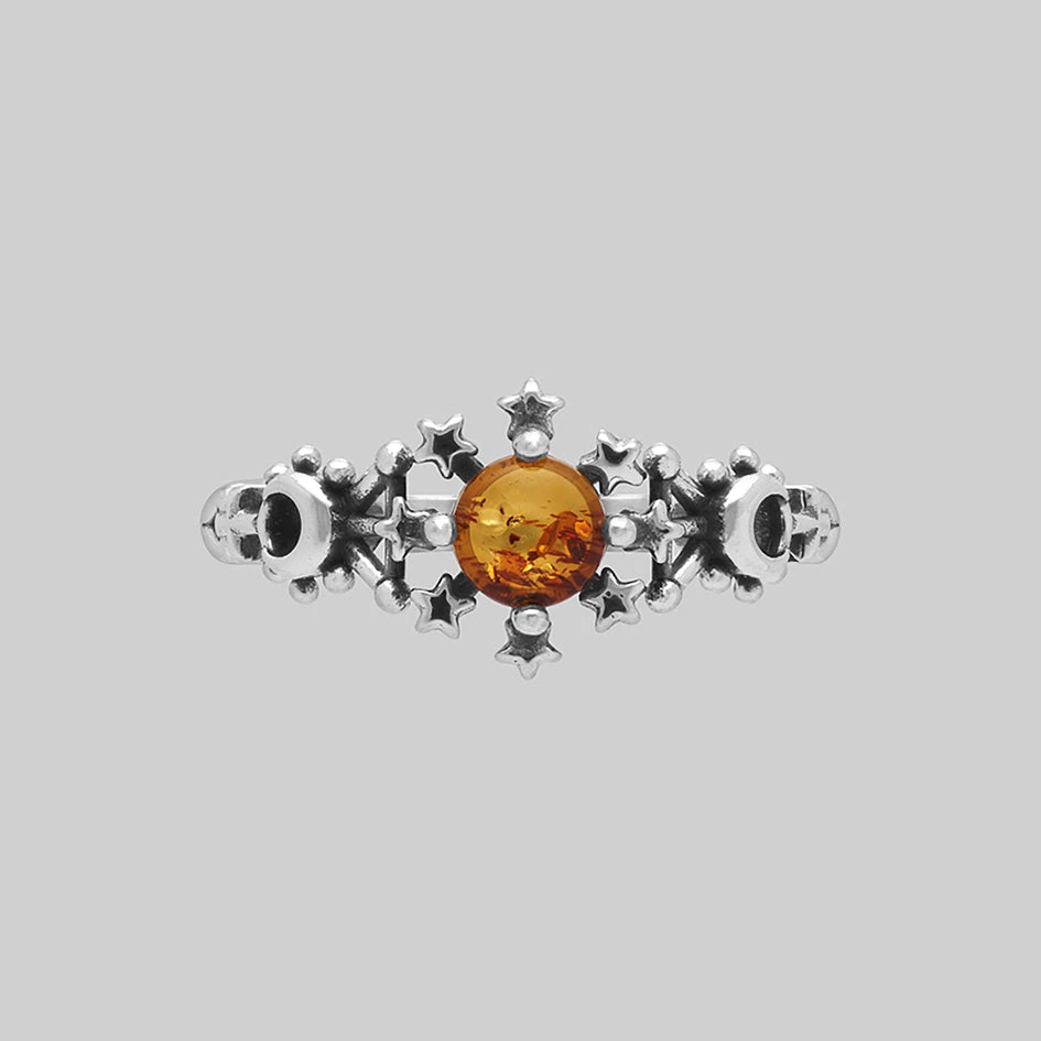SOLARIS. Flaming Sun Amber Ring - Silver