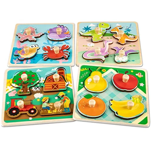 Funsland Puzzle Bois Bebe 1 an - 4 Pièces Puzzle en Bois Enfant Encastrement de Animaux, Jouet Éducatif, Montessori Jouets Cadeaux pour Bebe 2 an