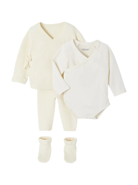 Coffret naissance 4 pièces en tricot uni gilet + pantalon + chaussons + body