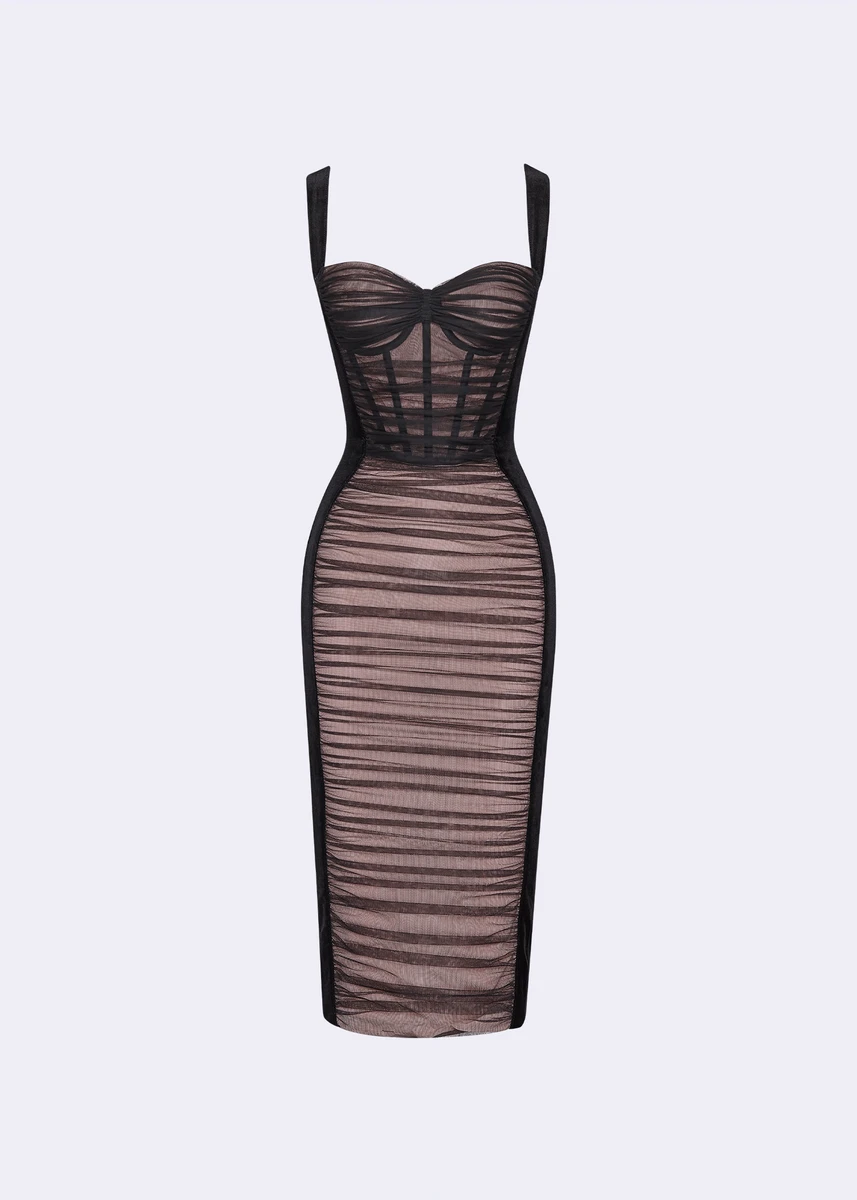 Black Soft Net Velvet Sheath Dress - POEM