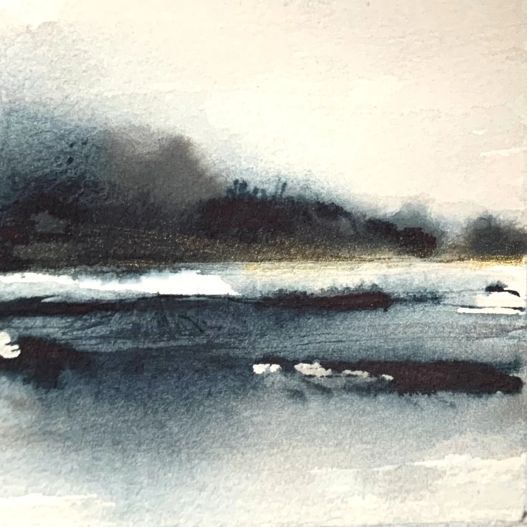Original ink wash & watercolor abstract landscape art, artwork, drawing on paper. Snowy riverbank scene. Signed, original art.