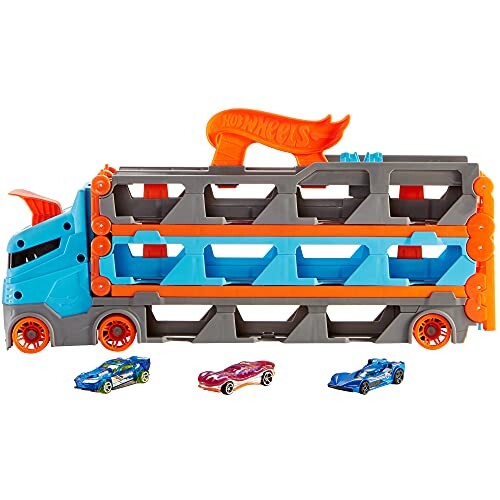 Hot Wheels Super Transporteur Extensible, Piste camion pour ranger jusqu’à 20 véhicules, 3 Voitures incluses, Emballage fermé, Jouet pour enfant, HGH33