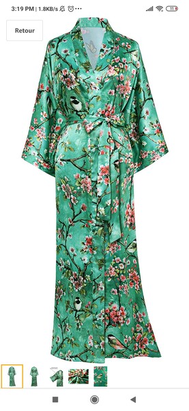 ArtiDeco Robe de chambre en soie pour femme type kimono maxi longue et en satin avec motif fleurs 135 cm de long - Vert - Taille Unique