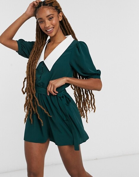 ASOS DESIGN - Combishort à col contrastant et manches bouffantes - Vert