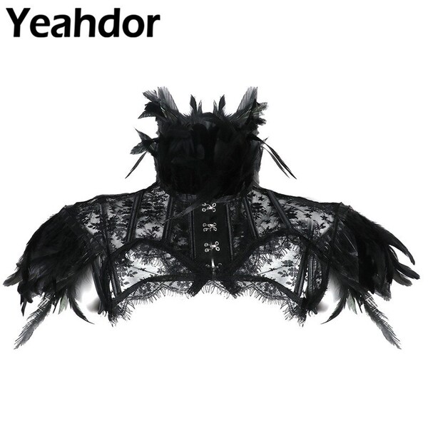 Veste boléro en dentelle pour femmes, hauts, rétro, Punk, gothique, col à plumes, épaules dénudées, Cape, boléro, haut pour fête d'halloween, Costumes gothiques Rave