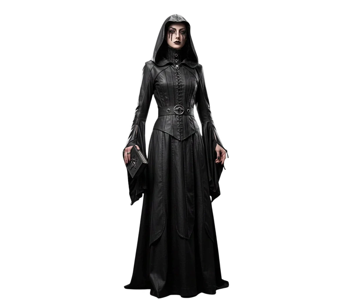 Handmade Ritual Huntress Gothic Leather Robe with Hood – Witch Costume for Halloween - Gothic Fantasy Dress - Evil Queen Cosplay Robe