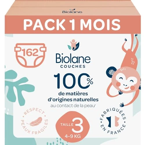 BIOLANE - Couches Taille 3 - (4-9 kg) - Peaux Sensibles - Ultra-Absorbant, Pas de Fuite, 12h au Sec - Pack 1 mois 162 couches - Fabriqué en France
