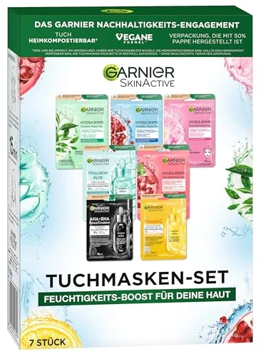 Garnier Ensemble de masques en tissu pour tous types de peau, 7 masques faciaux pour peaux sèches et normales, formule végétalienne à l'acide hyaluronique, Hydra Bomb et Nutri Bomb, ensemble de