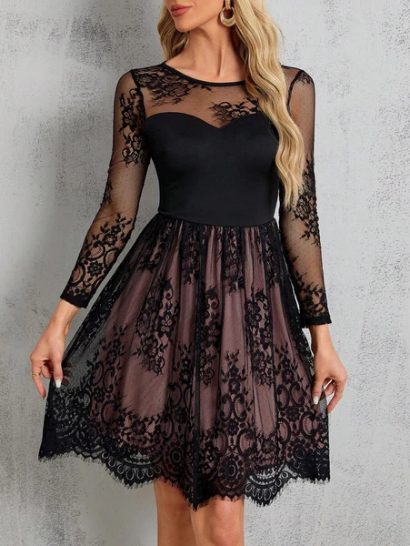 SHEIN Clasi Robe Ceinturée En Dentelle À Patchwork | Mode en ligne | SHEIN FRANCE