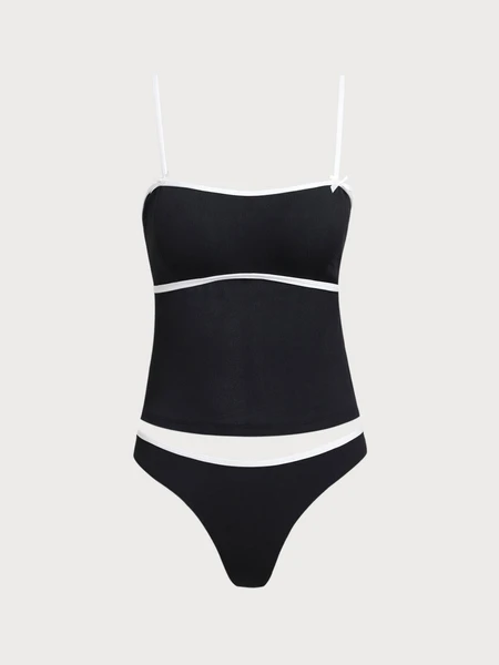 Black Contrast Color Backless Tankini Swimsuit