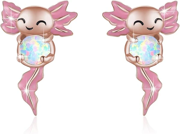 Axolotl Boucles d'oreilles pour femmes en argent sterling 925 Boucles d'oreilles animaux roses Boucles d'oreilles opales hypoallergéniques Axolotl mexicain Bijoux Cadeaux pour femme, middle, Argent