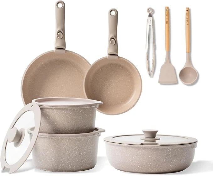 BOREINE Batterie de Cuisine 14 Pce, Lot Casserole et Poele avec Poignee Amovible et Couvercle, Revêtement Antiadhésif en Granit sans PFOA, Compatible Tous Feux (Induction, Vitrocéramique, Gaz)
