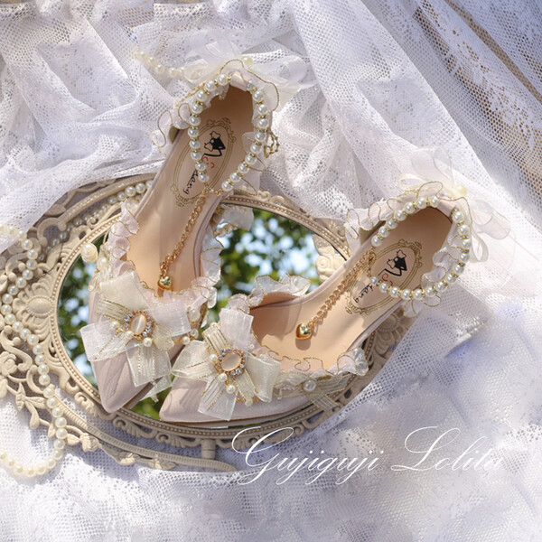 Gu Lolita Fla Small Sister Oil Painting Handle Elegant Cla French Large Causal Size Pointed High Heels Hand made Loshoes