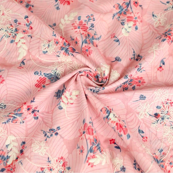Tissu poly-coton à motif palm brodé floral rose et bleu | Pour couture d'habits léger