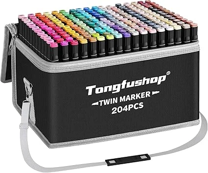 Tongfushop 204+2 Feutre a Alcool, Séchage sûr et Rapide Feutres Coloriage Adulte, Marqueurs de Dessin avec Sac en Tissu Portable et Base, pour Artistes et Adultes à Colorier