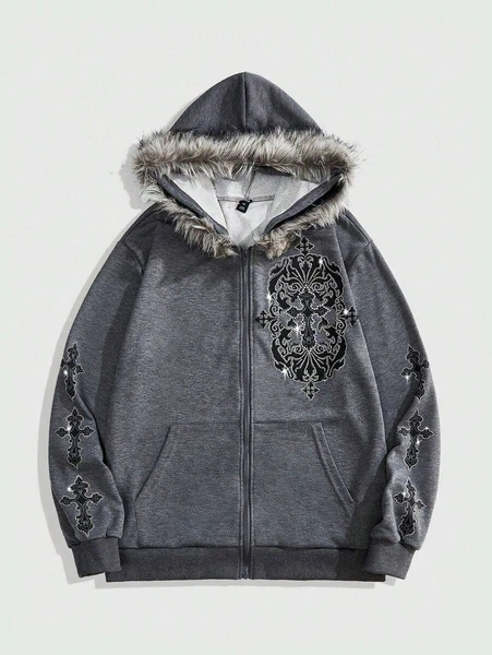 ROMWE MEN Goth Sweat-shirt à capuche homme en patchwork imprimé croix et effet duveteux pour l'automne | Mode en ligne | SHEIN FRANCE