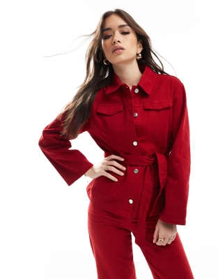 ASOS DESIGN - Veste en jean avec liens à la taille - Rouge | ASOS